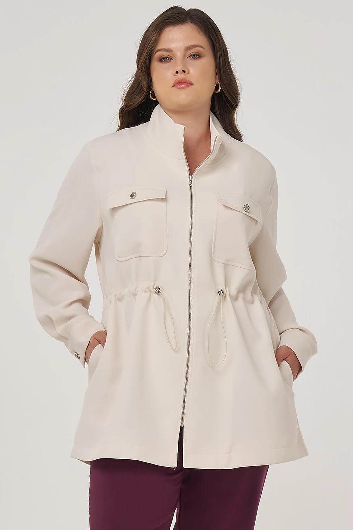 Elastic Waist Stand-Up Collar Jacket in Cream