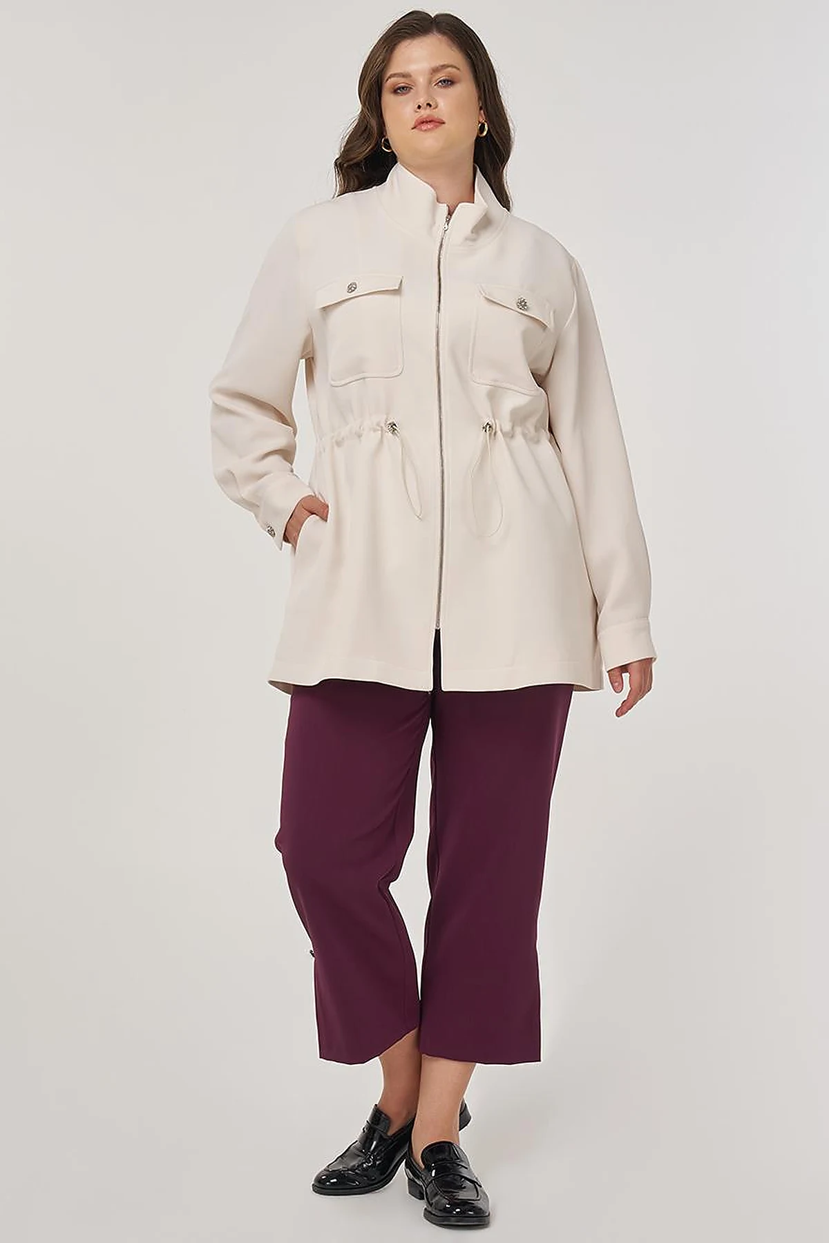 Elastic Waist Stand-Up Collar Jacket in Cream