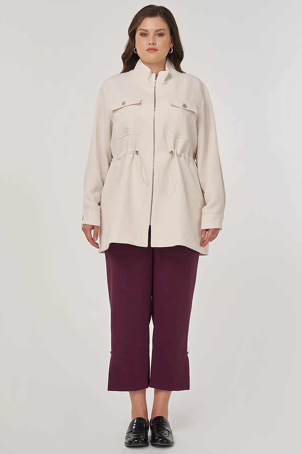 Elastic Waist Stand-Up Collar Jacket in Cream