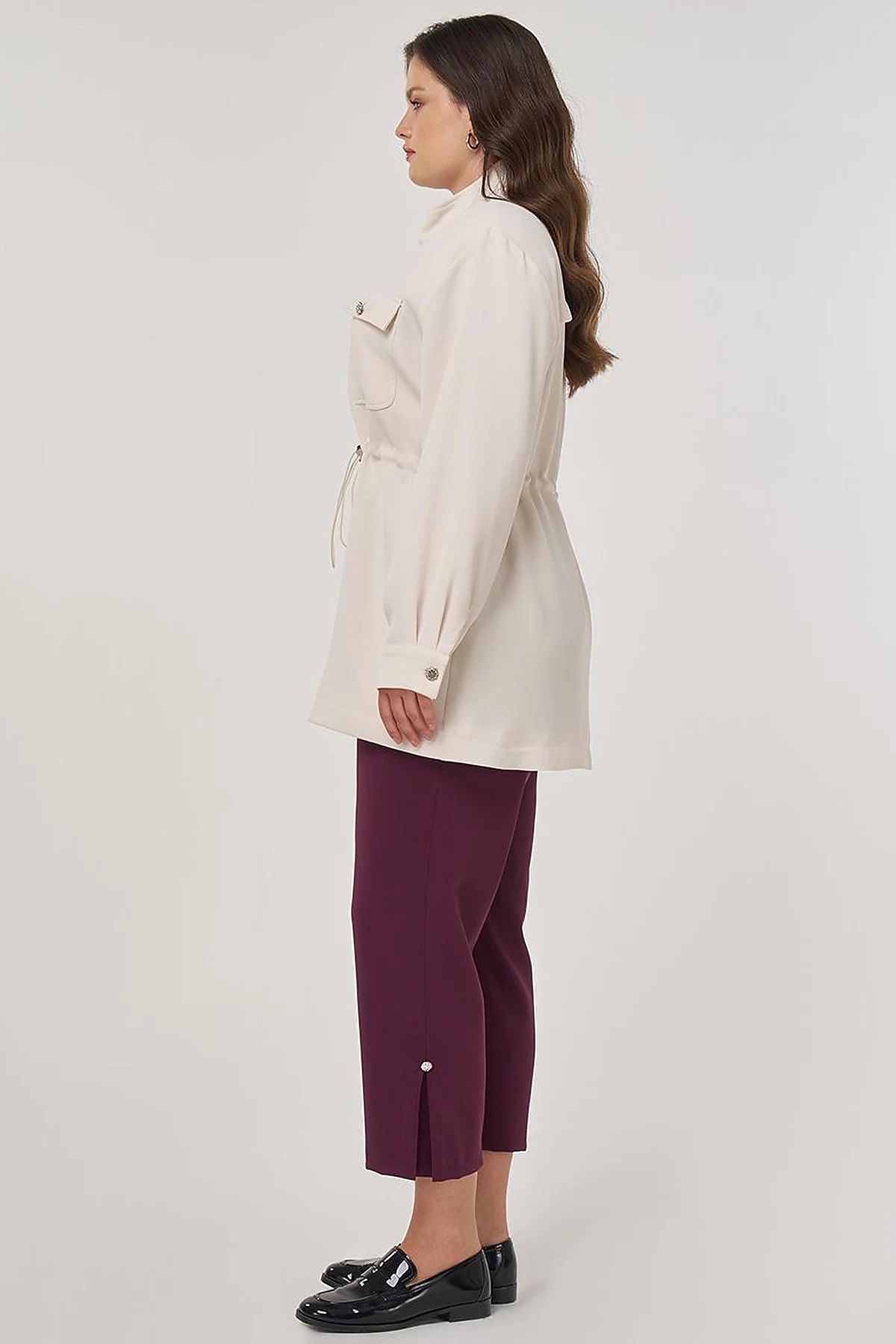Elastic Waist Stand-Up Collar Jacket in Cream