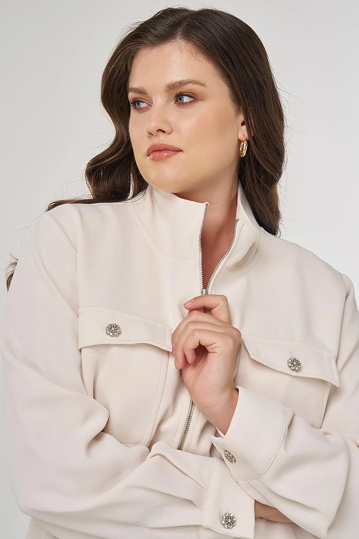Elastic Waist Stand-Up Collar Jacket in Cream