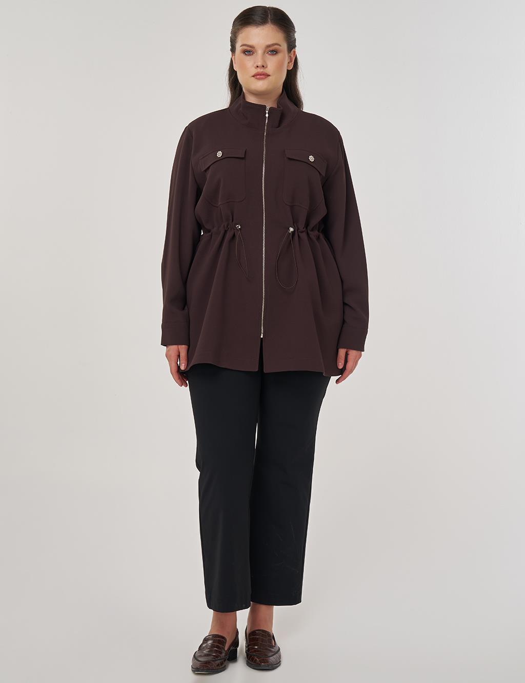 Elastic Waist Stand-Up Collar Jacket in Dark Brown
