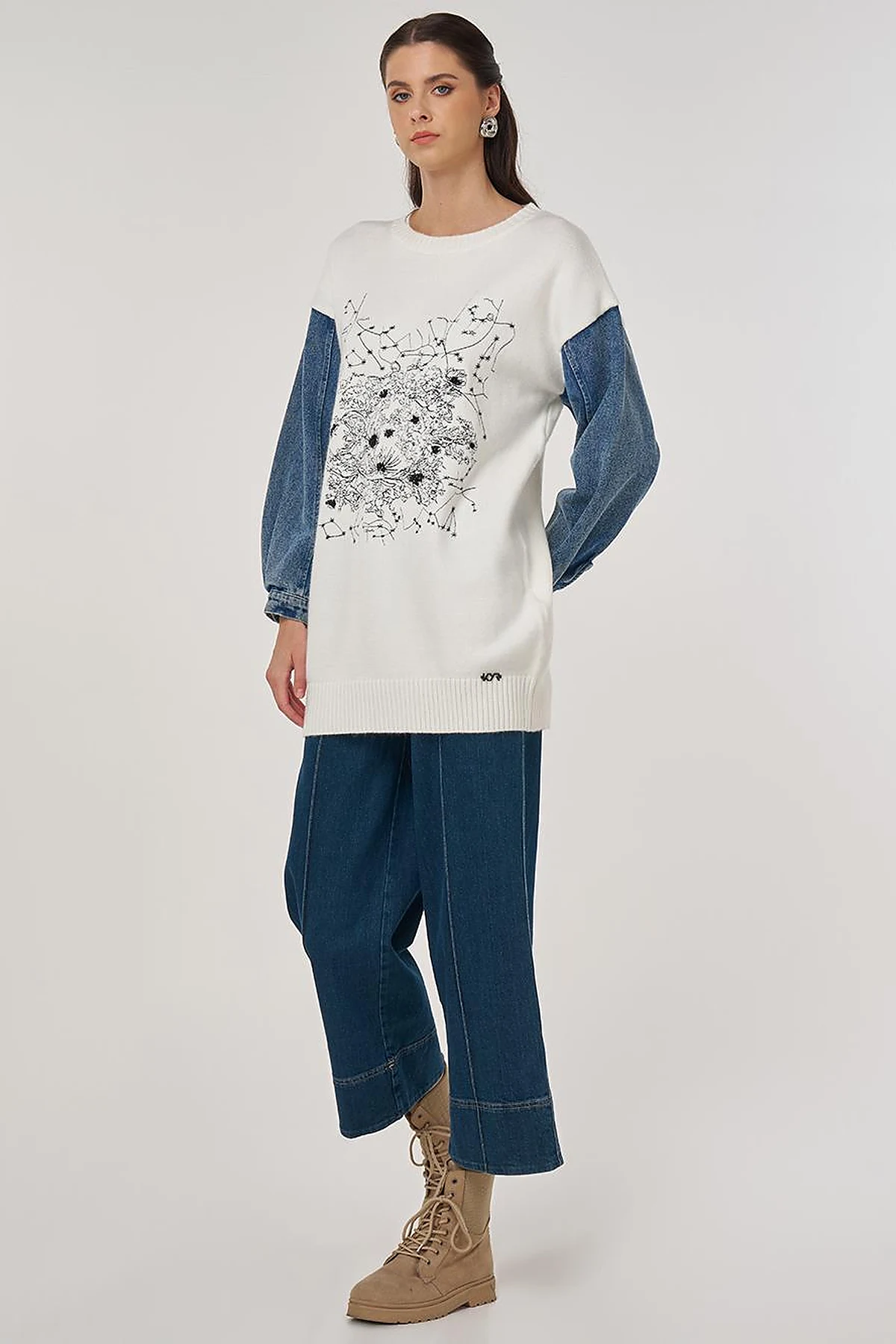 Denim Garnished Knit Tunic in Ecru