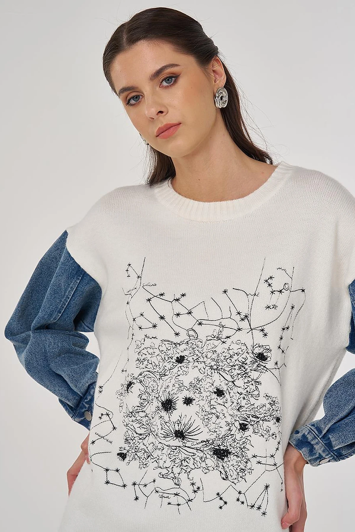 Denim Garnished Knit Tunic in Ecru