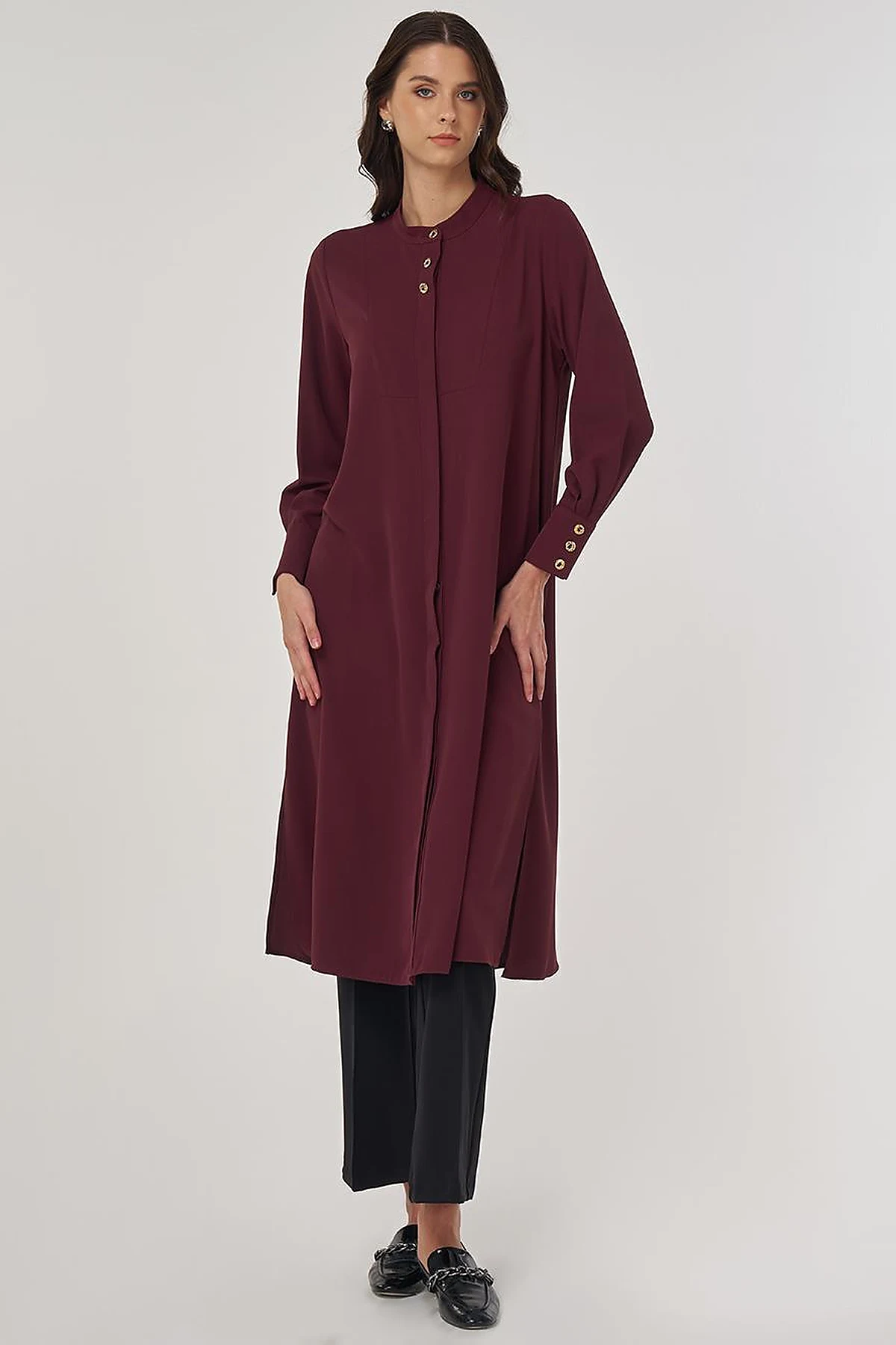 Button-Detail Long Tunic Burgundy