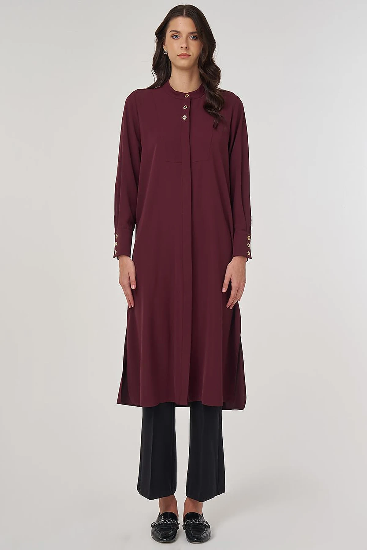Button-Detail Long Tunic Burgundy