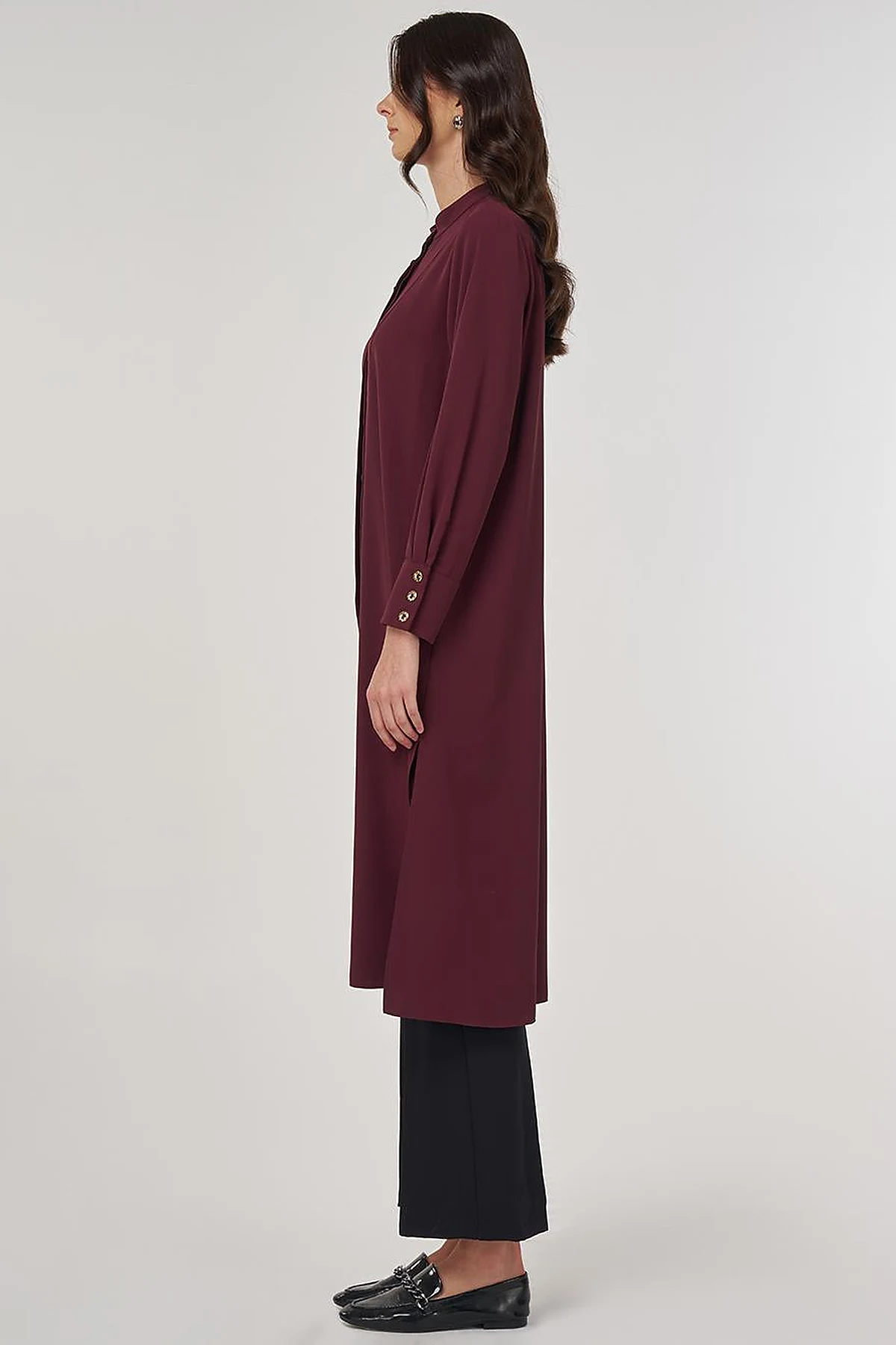 Button-Detail Long Tunic Burgundy
