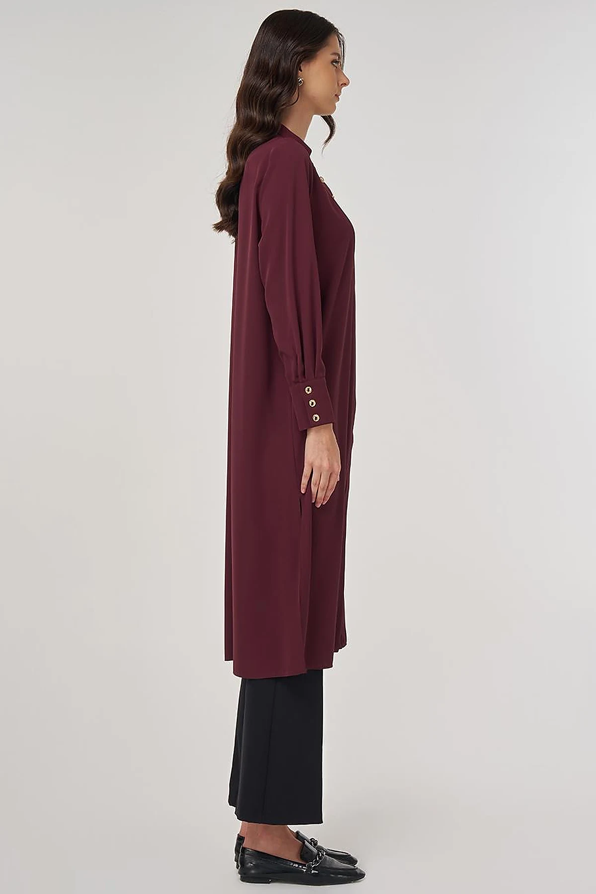 Button-Detail Long Tunic Burgundy