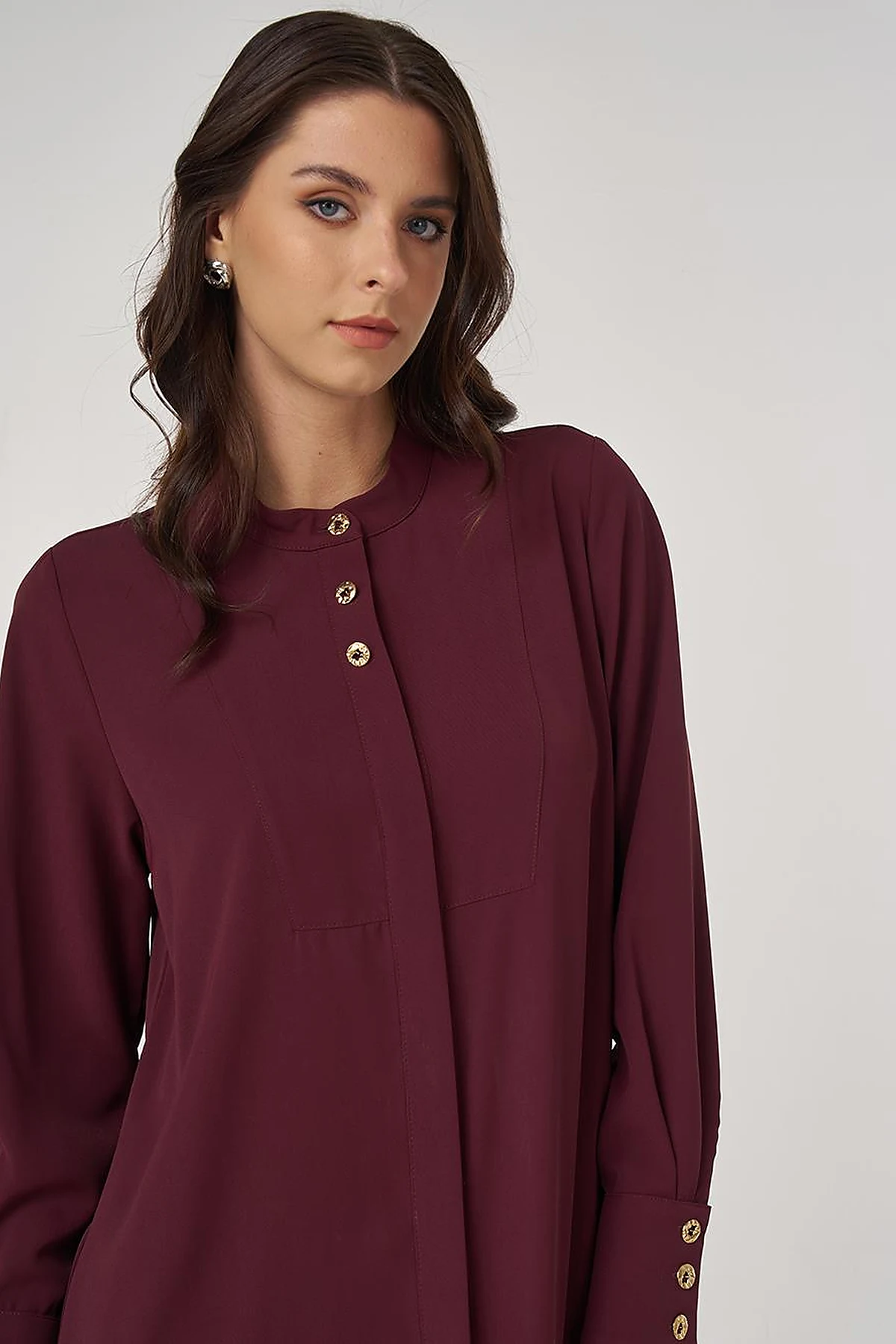 Button-Detail Long Tunic Burgundy