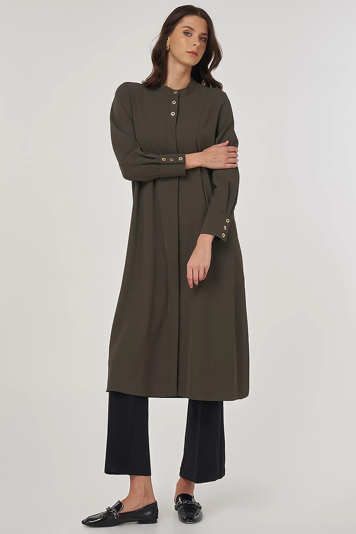 Button-Detail Long Tunic Khaki