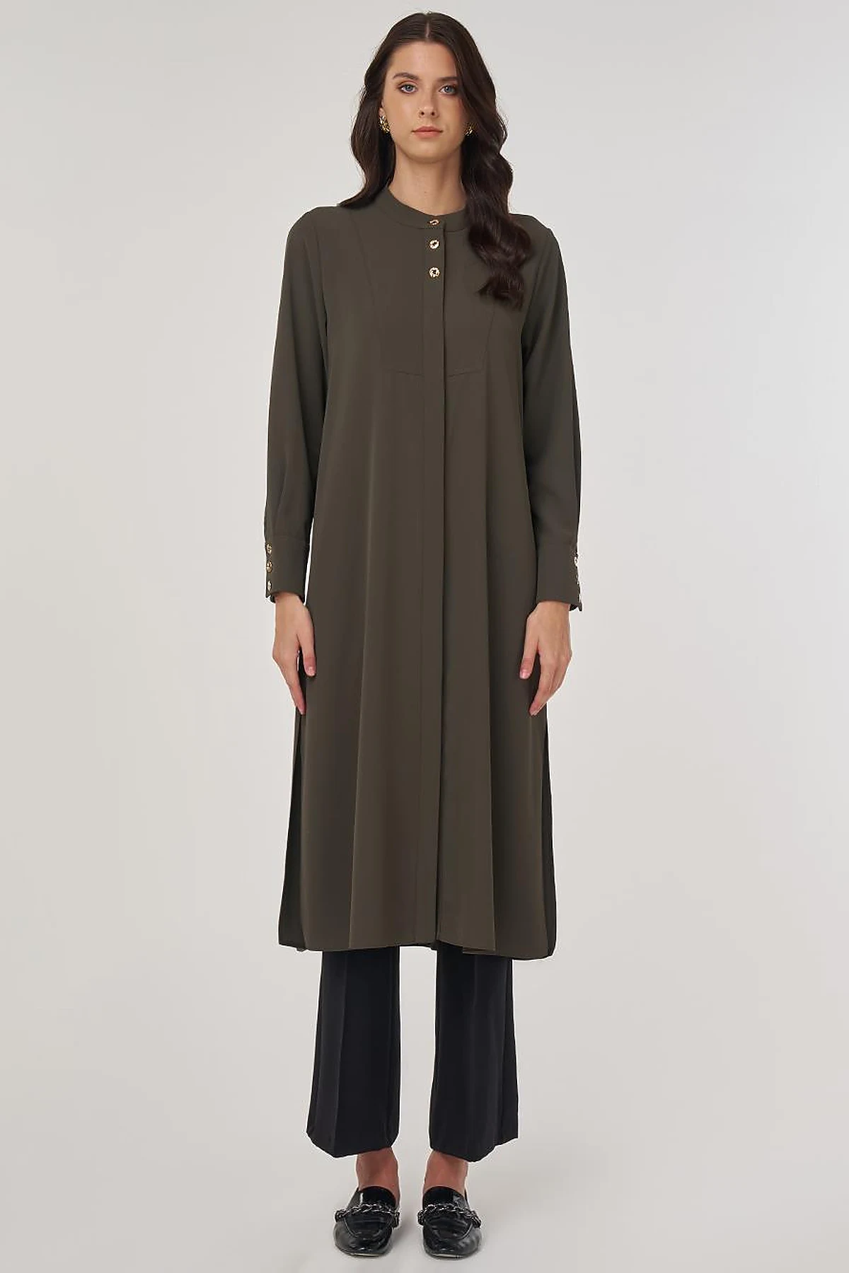 Button-Detail Long Tunic Khaki