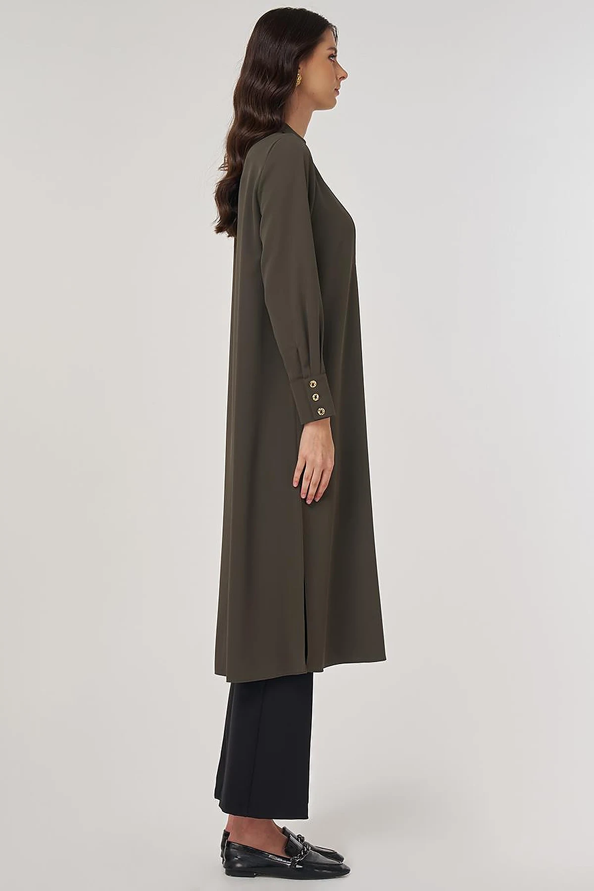 Button-Detail Long Tunic Khaki