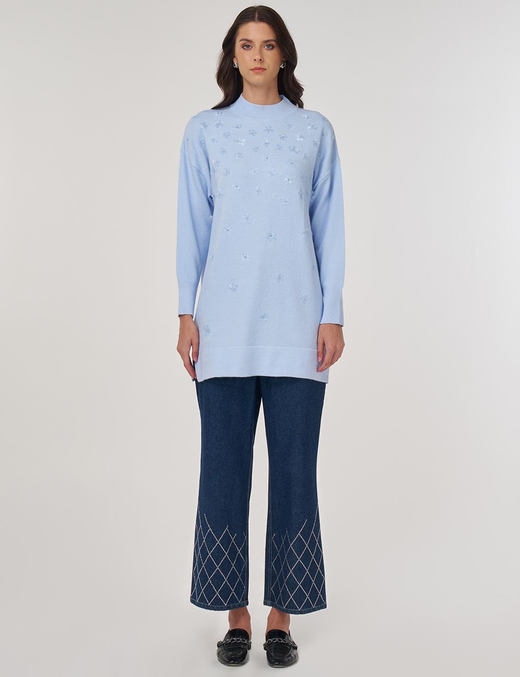 Floral Appliquéd Knit Tunic in Light Blue