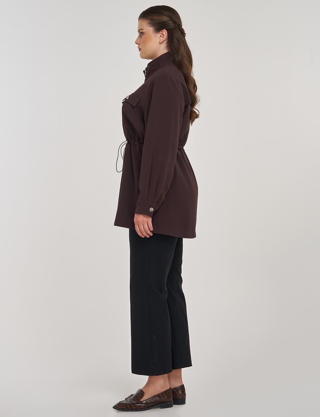 Elastic Waist Stand-Up Collar Jacket in Dark Brown