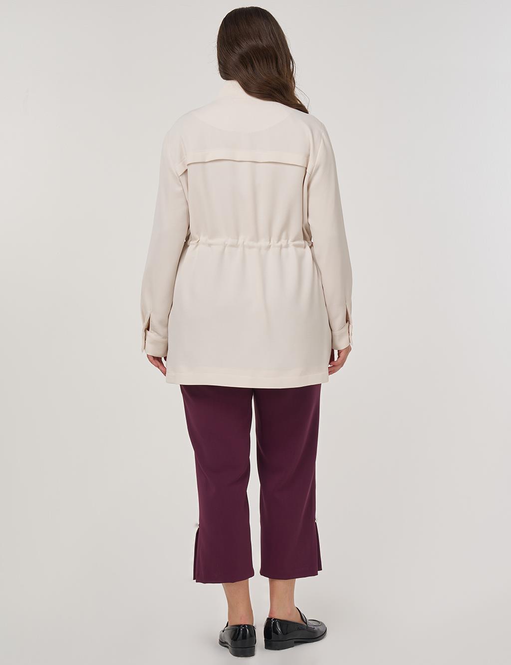 Elastic Waist Stand-Up Collar Jacket in Cream