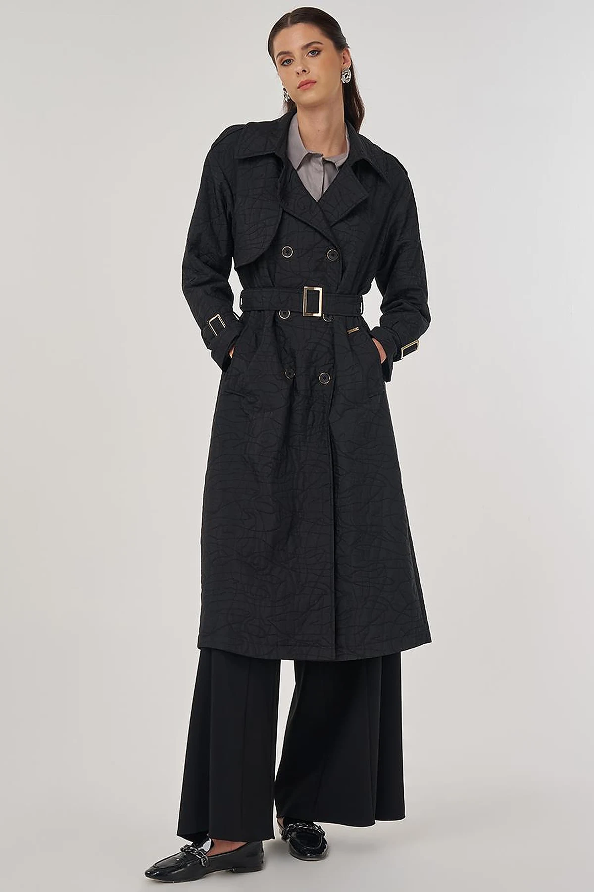 Embossed Epaulette Trench Coat in Black
