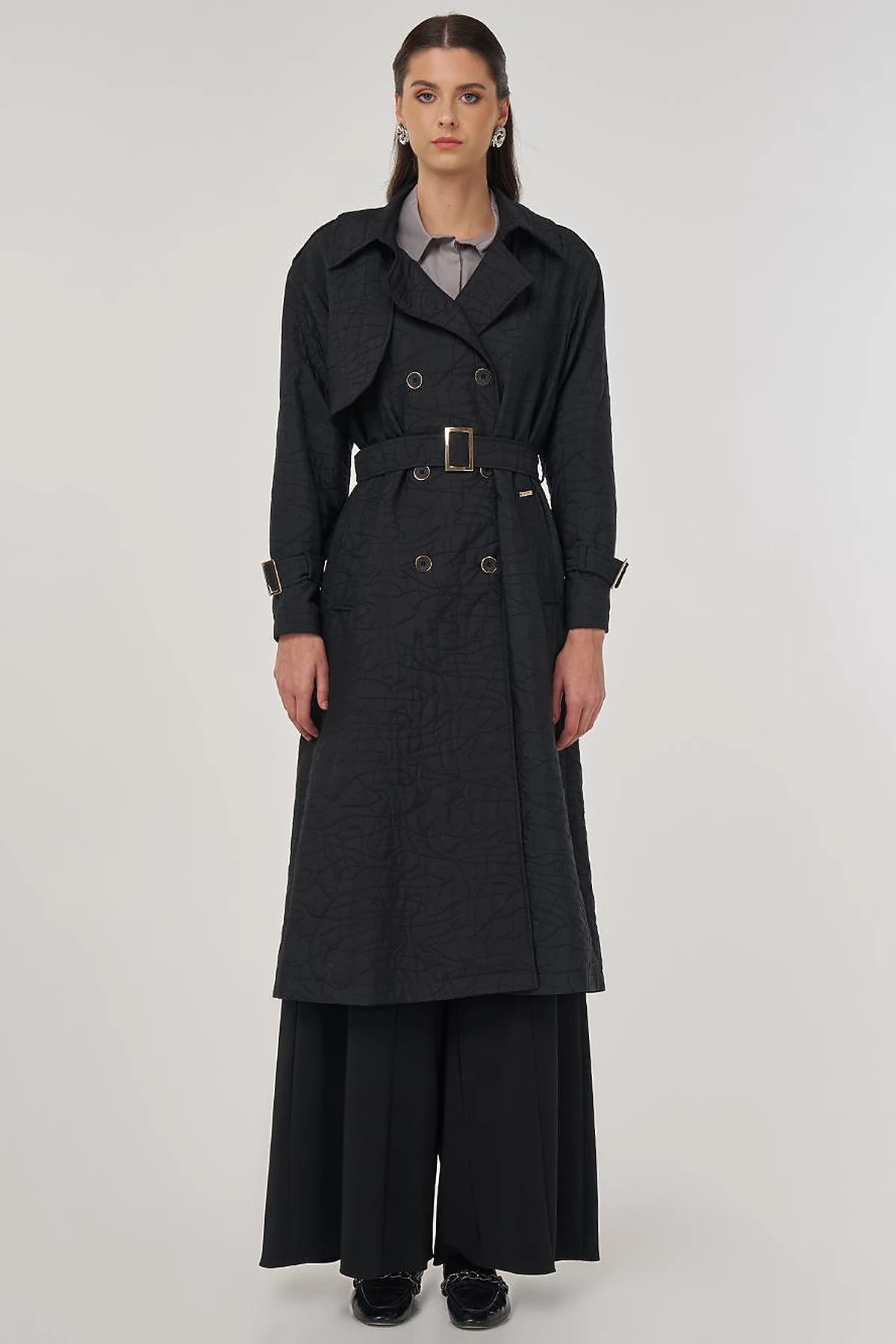 Embossed Epaulette Trench Coat in Black