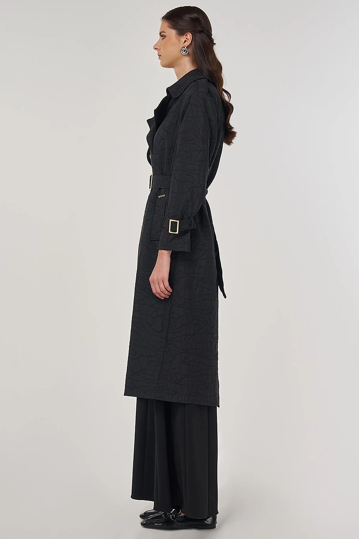 Embossed Epaulette Trench Coat in Black