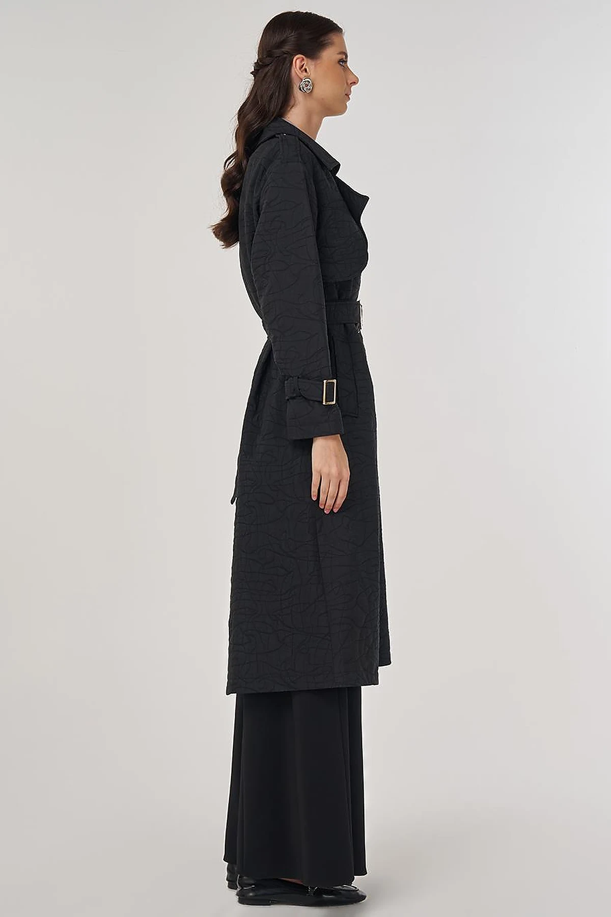 Embossed Epaulette Trench Coat in Black