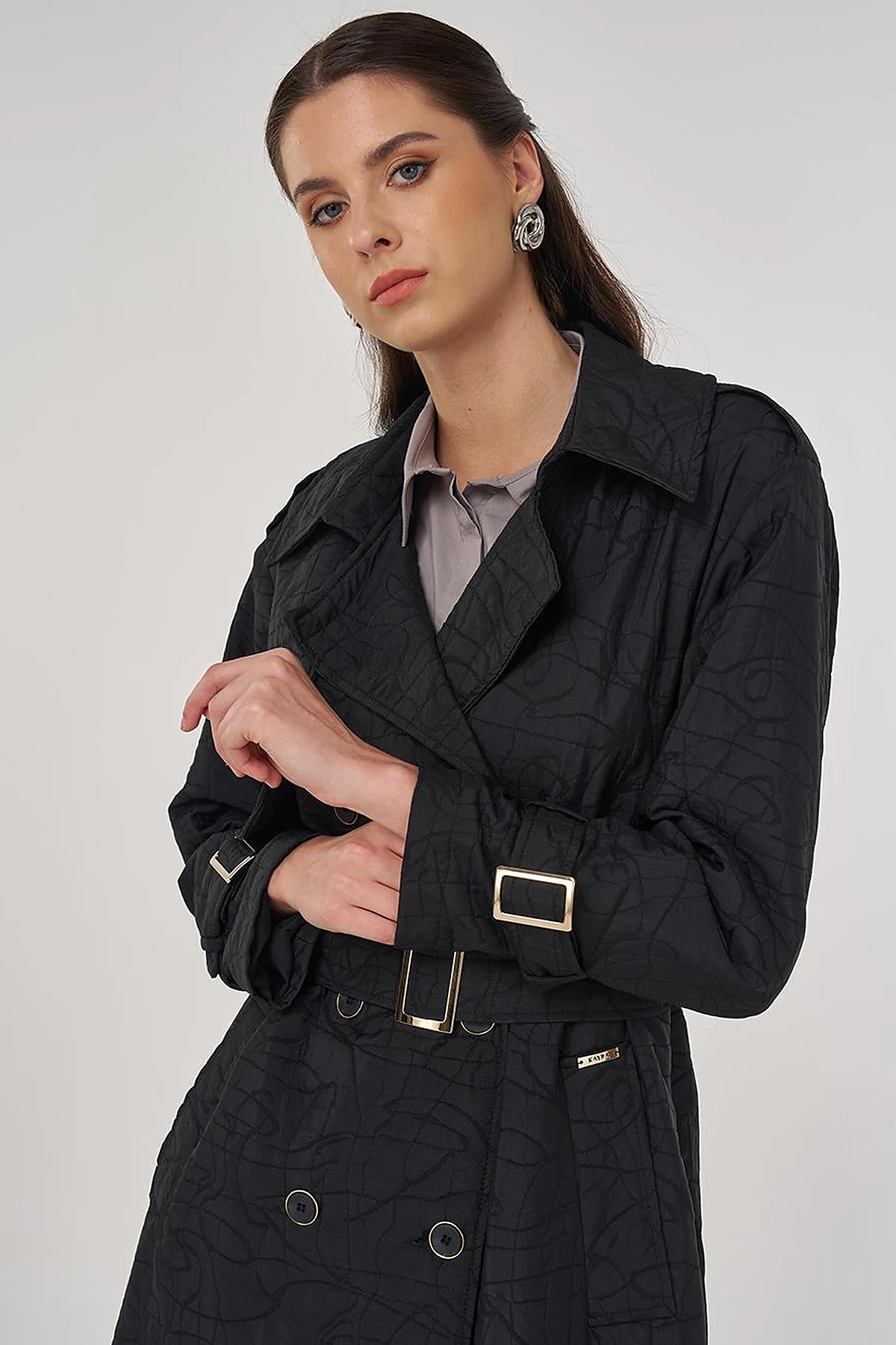 Embossed Epaulette Trench Coat in Black
