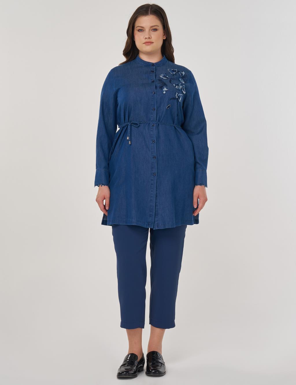 Embroidered Lyocell Tunic in Navy Blue