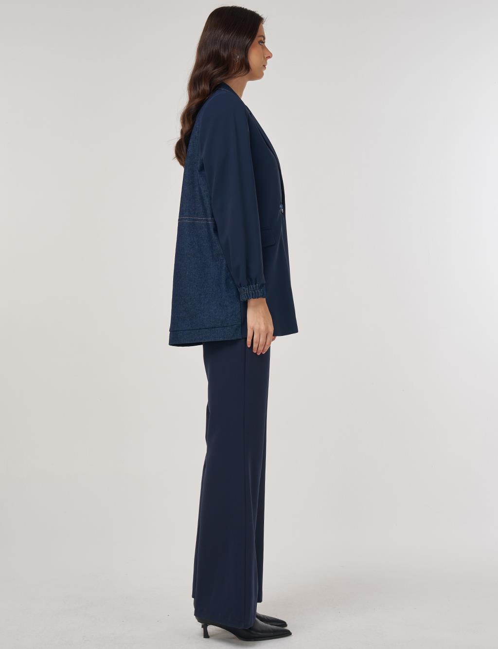 Denim Garnished Blazer in Dark Navy