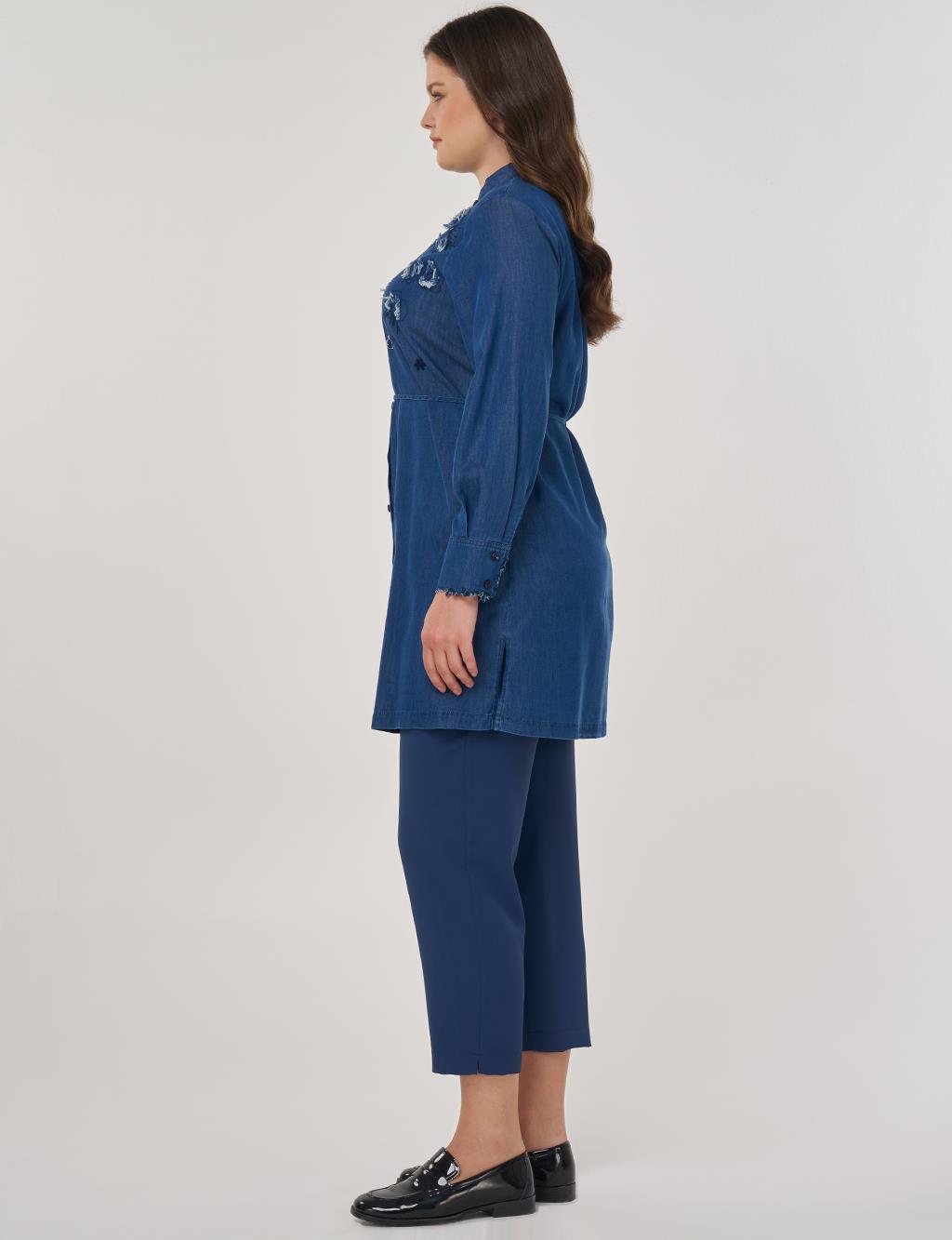 Embroidered Lyocell Tunic in Navy Blue