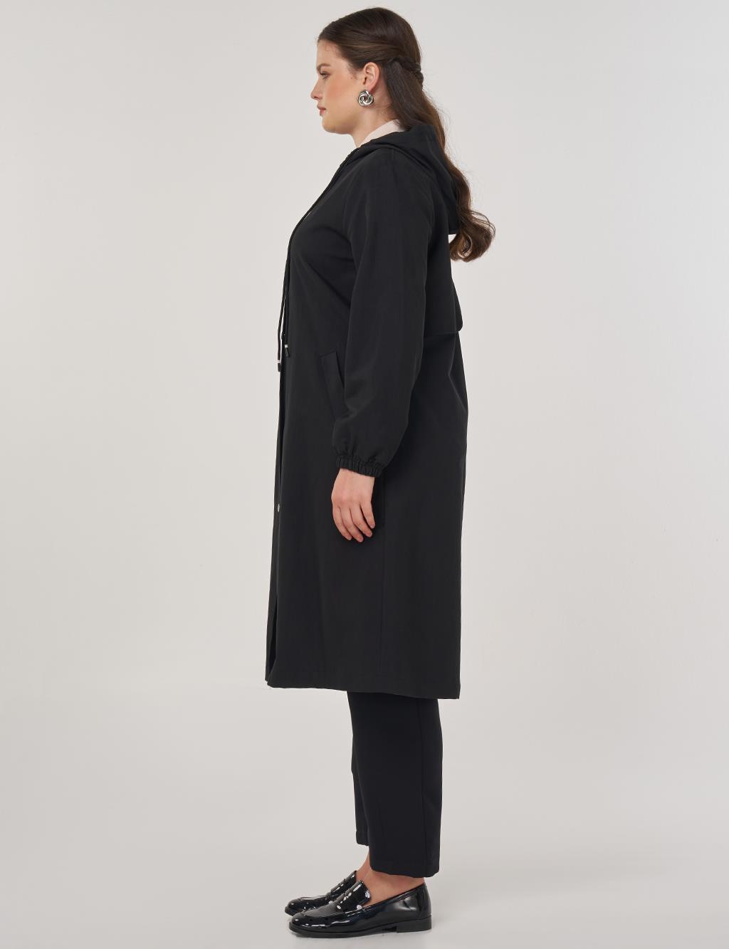 Long Hooded Trench Coat in Black