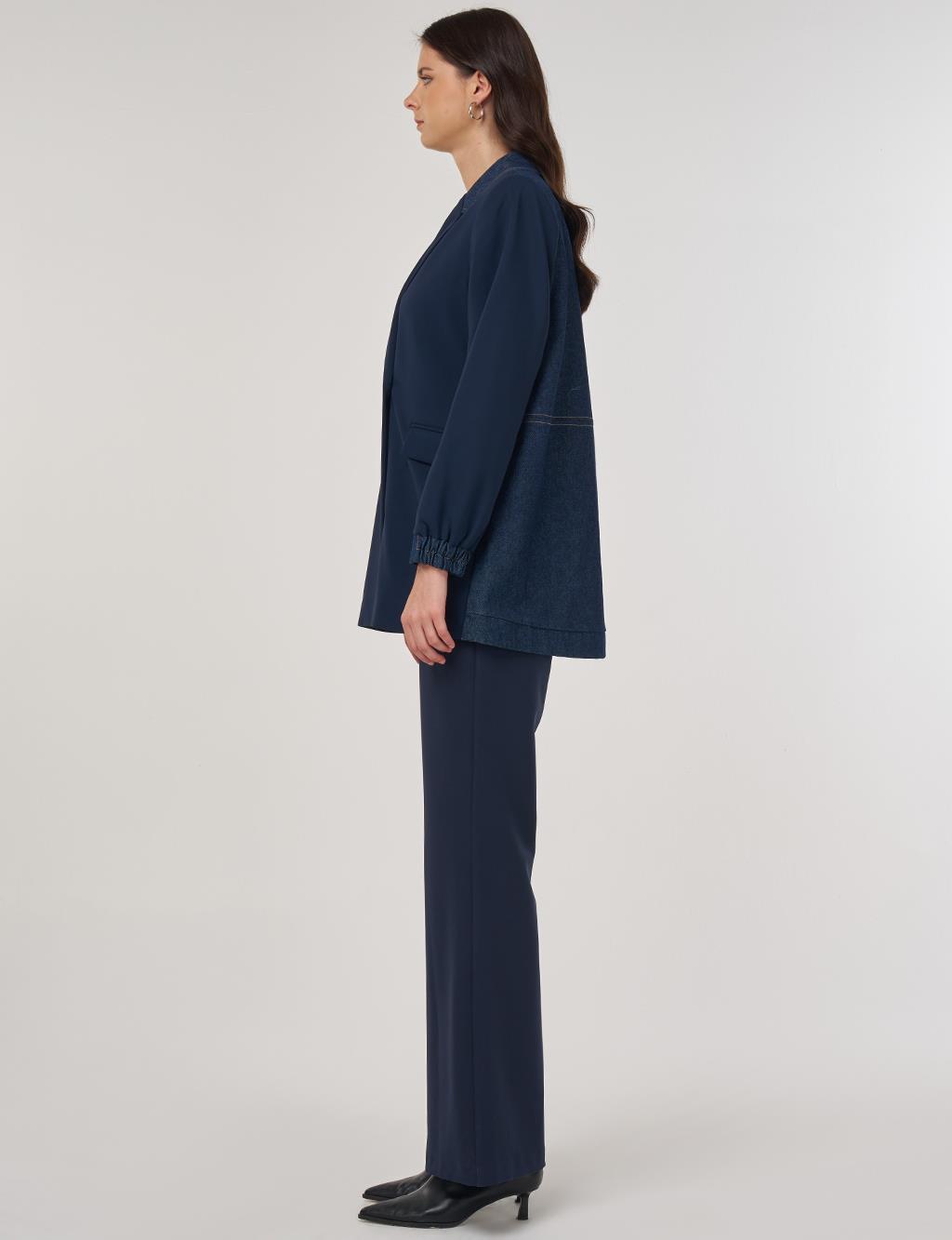 Denim Garnished Blazer in Dark Navy
