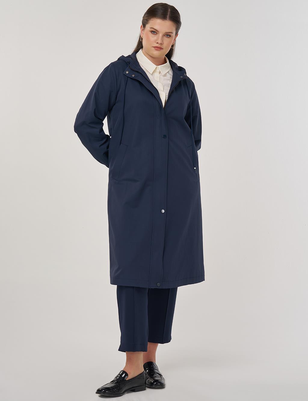 Long Hooded Trench Coat in Dark Navy
