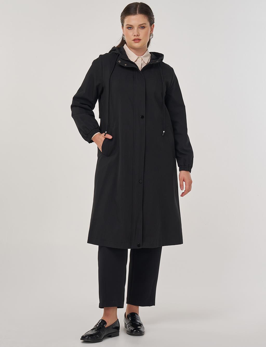 Long Hooded Trench Coat in Black