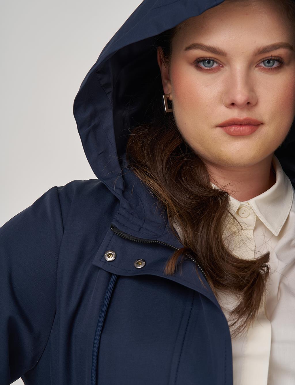 Long Hooded Trench Coat in Dark Navy