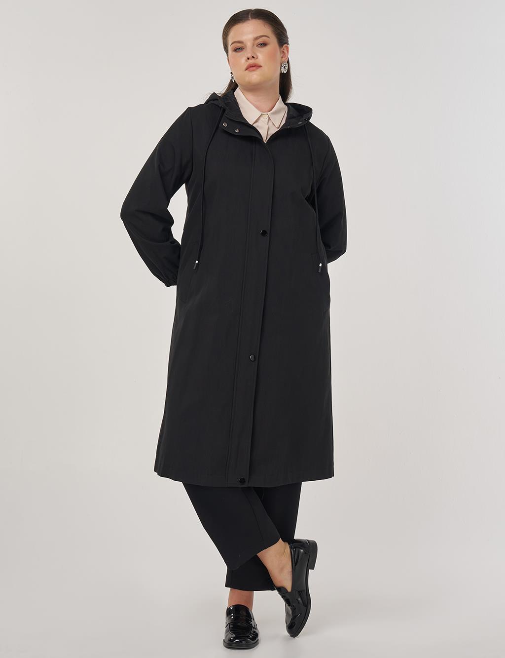 Long Hooded Trench Coat in Black