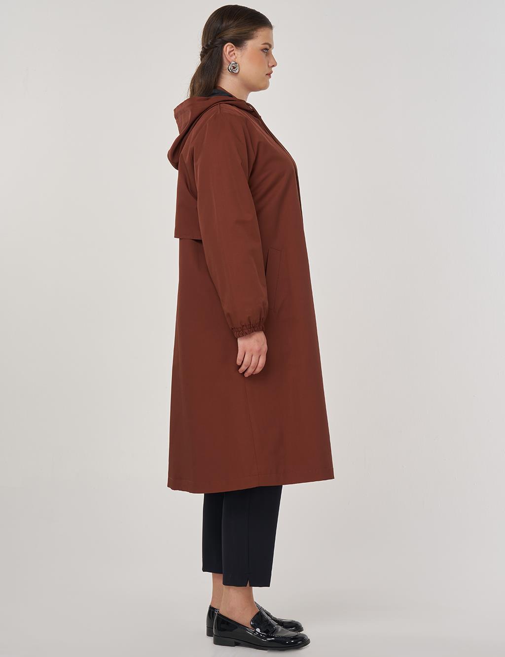 Long Hooded Trench Coat in Tobacco