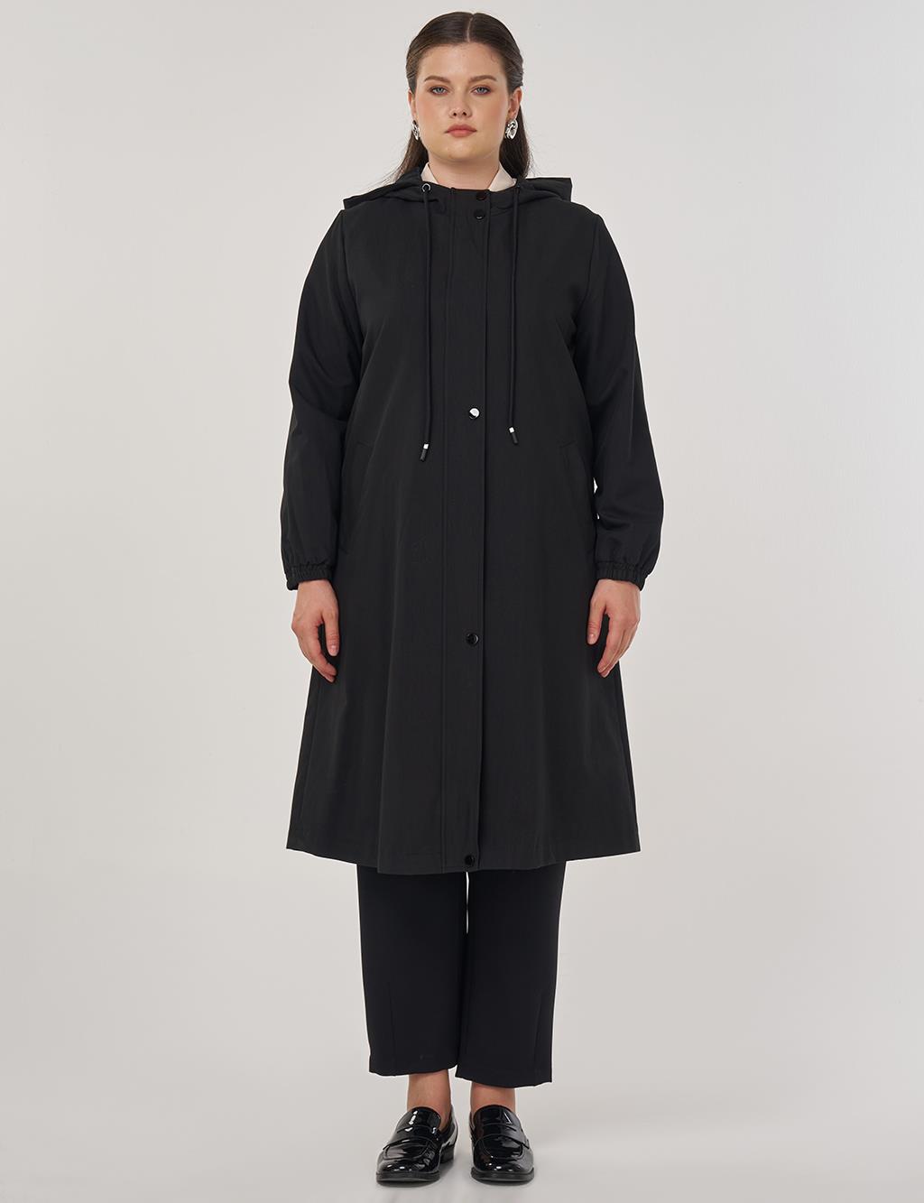 Long Hooded Trench Coat in Black