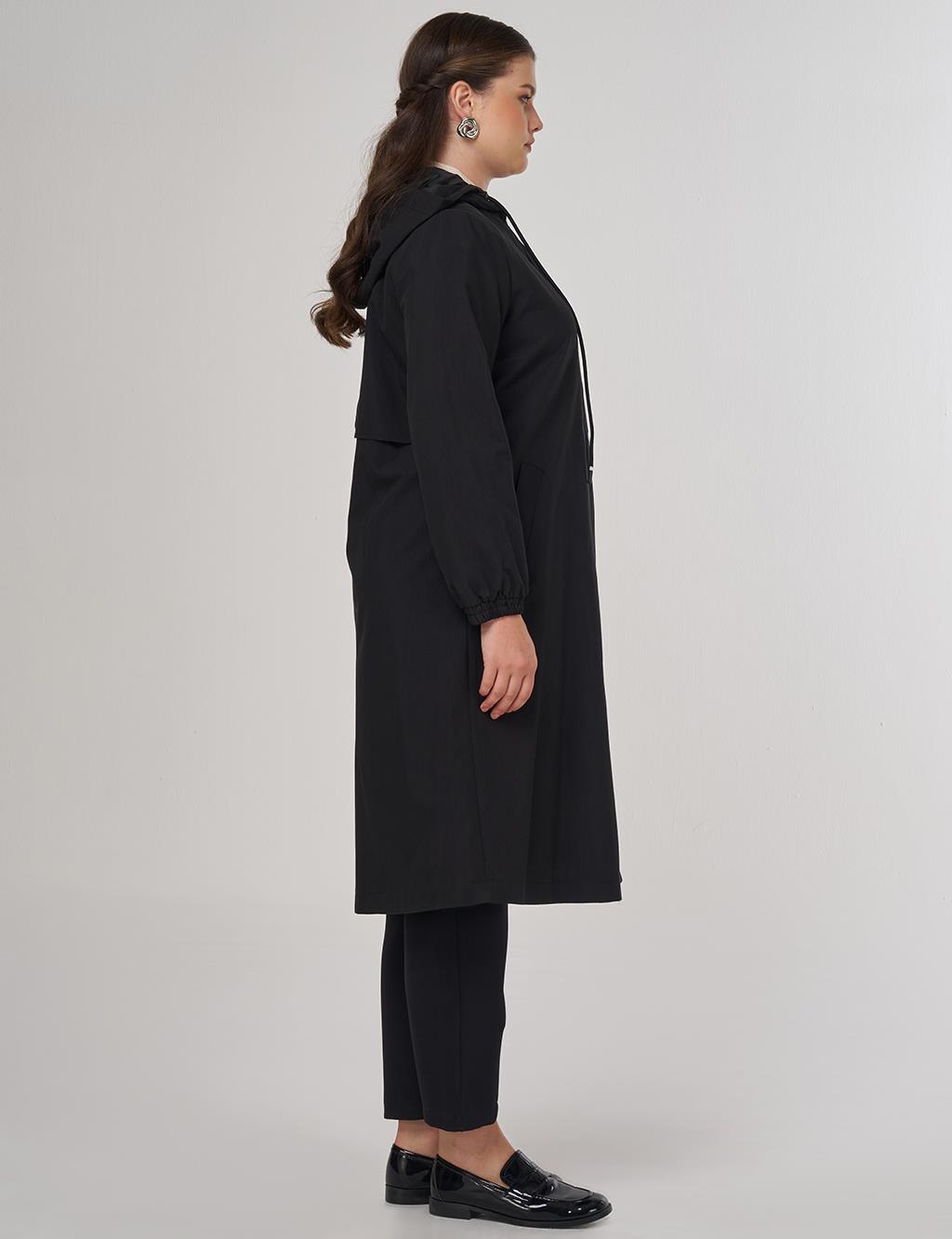 Long Hooded Trench Coat in Black