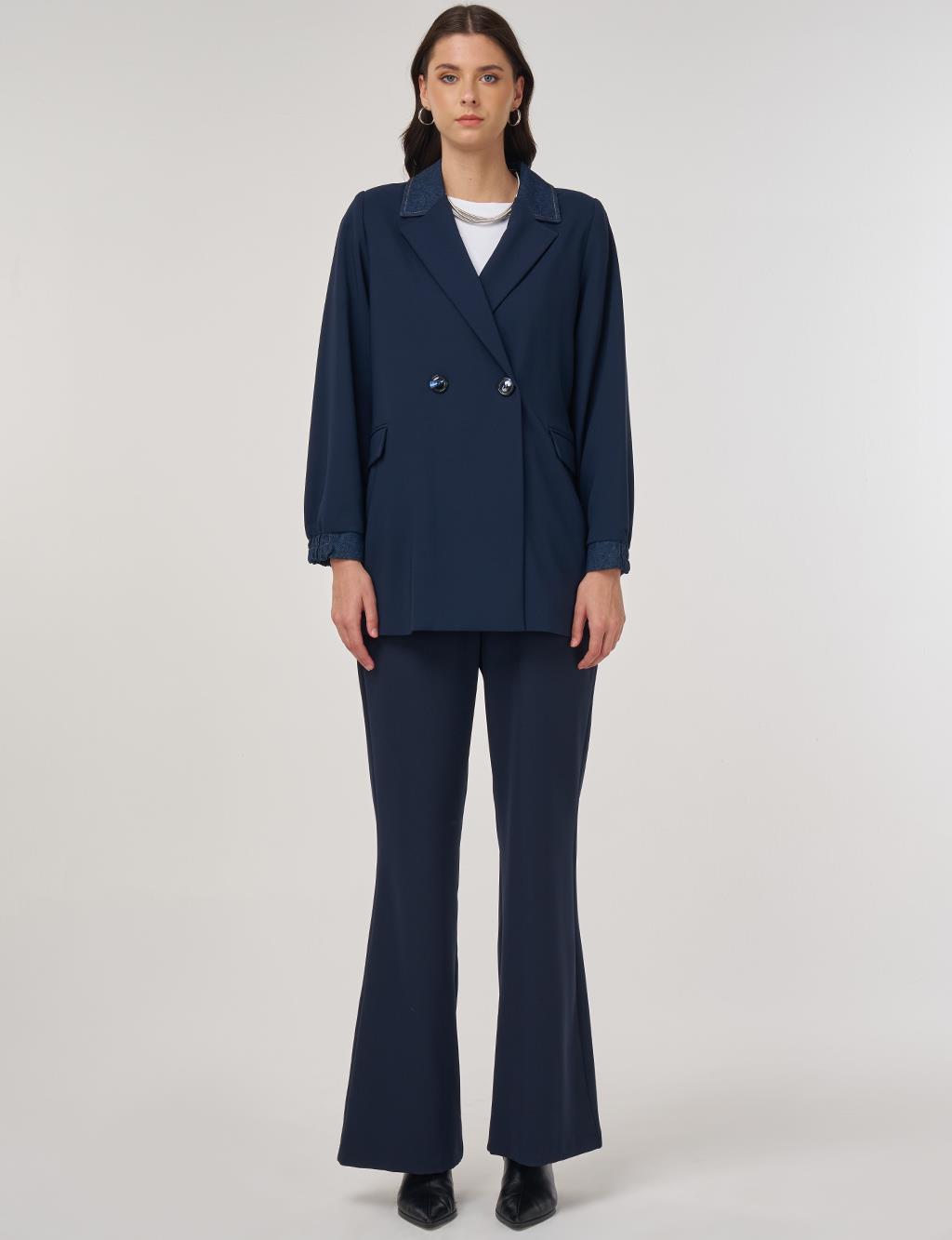 Denim Garnished Blazer in Dark Navy