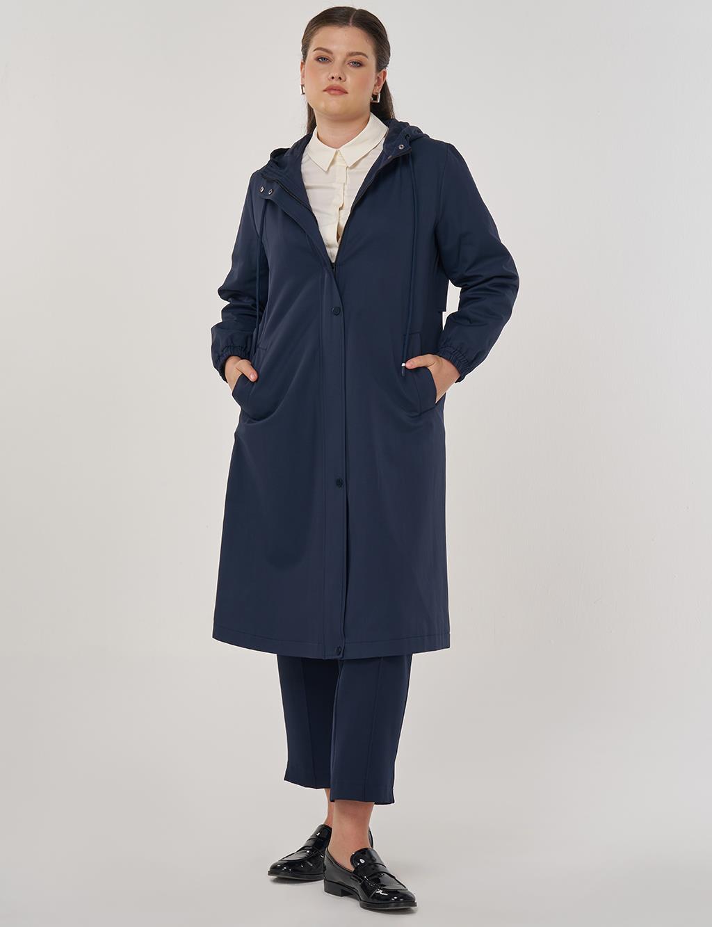 Long Hooded Trench Coat in Dark Navy
