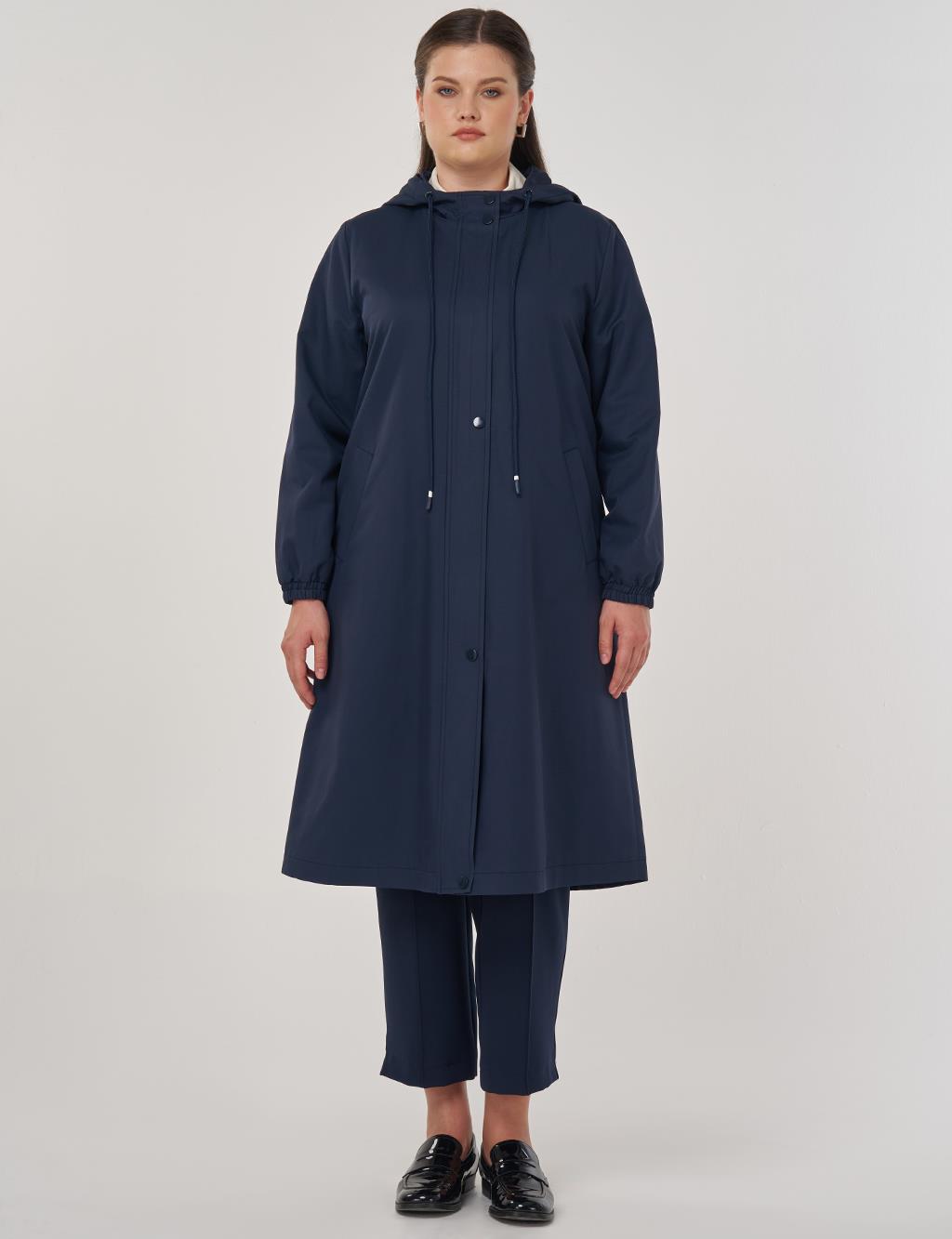 Long Hooded Trench Coat in Dark Navy