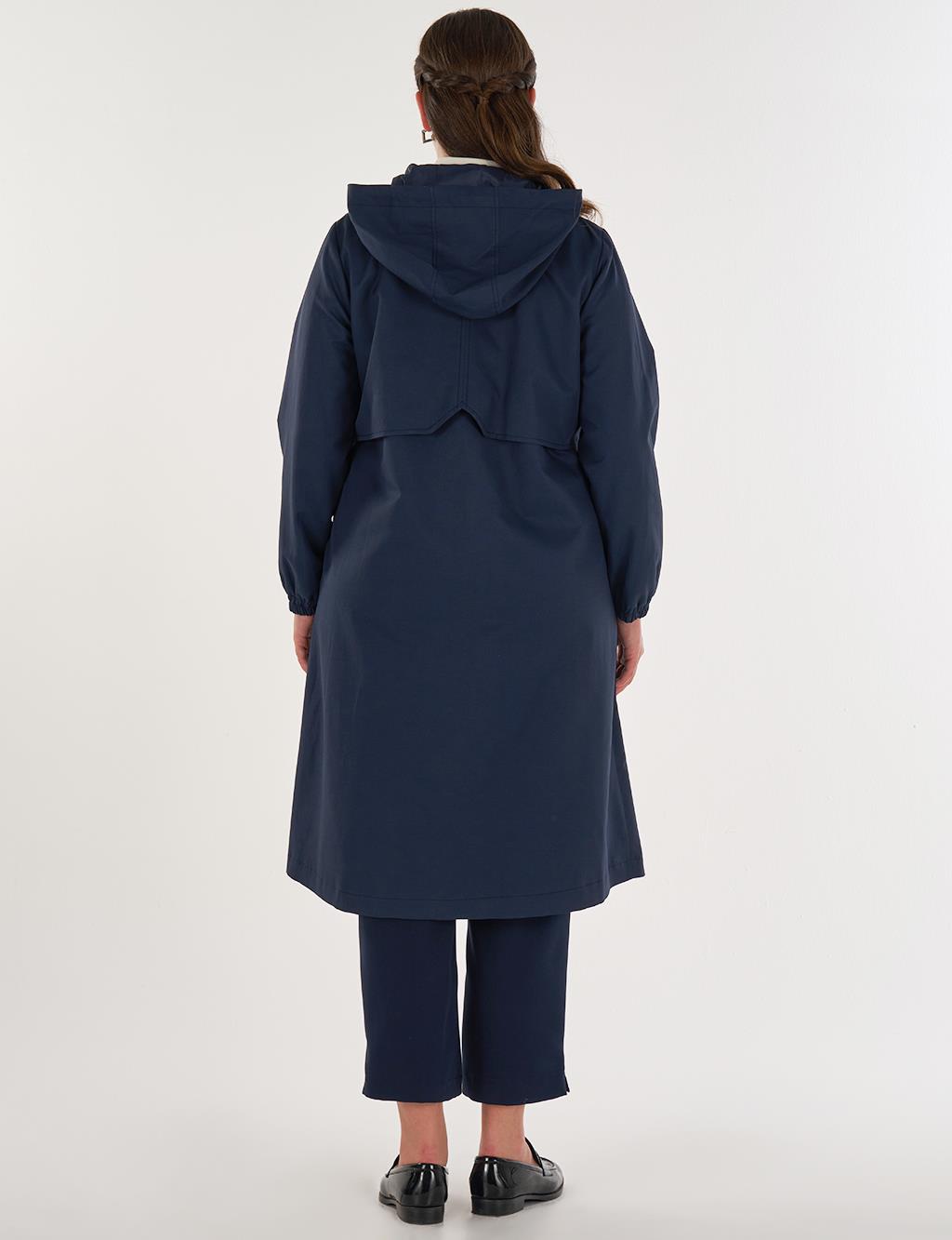 Long Hooded Trench Coat in Dark Navy