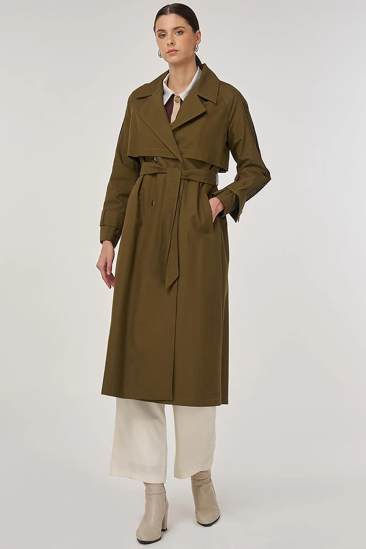 Epaulette Detailed Long Trench Coat Khaki