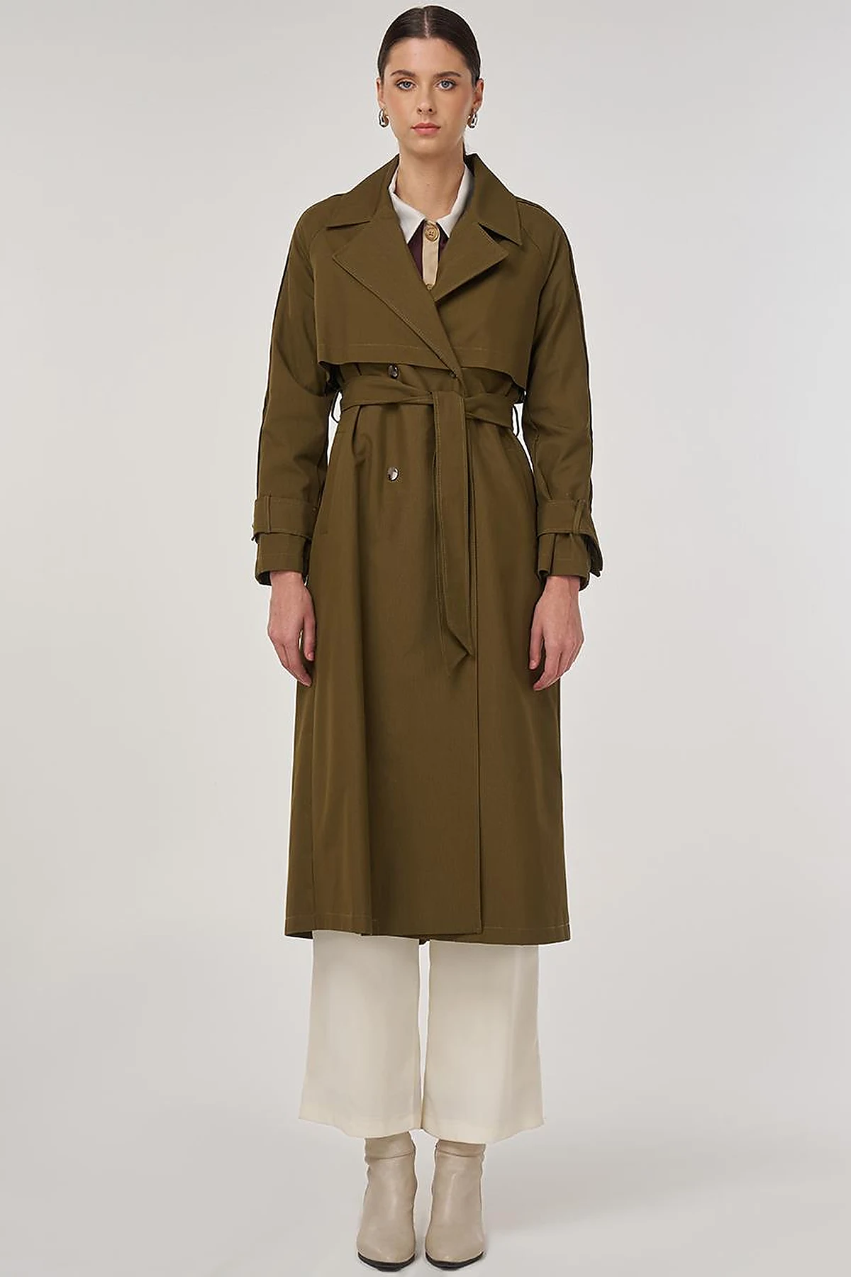 Epaulette Detailed Long Trench Coat Khaki