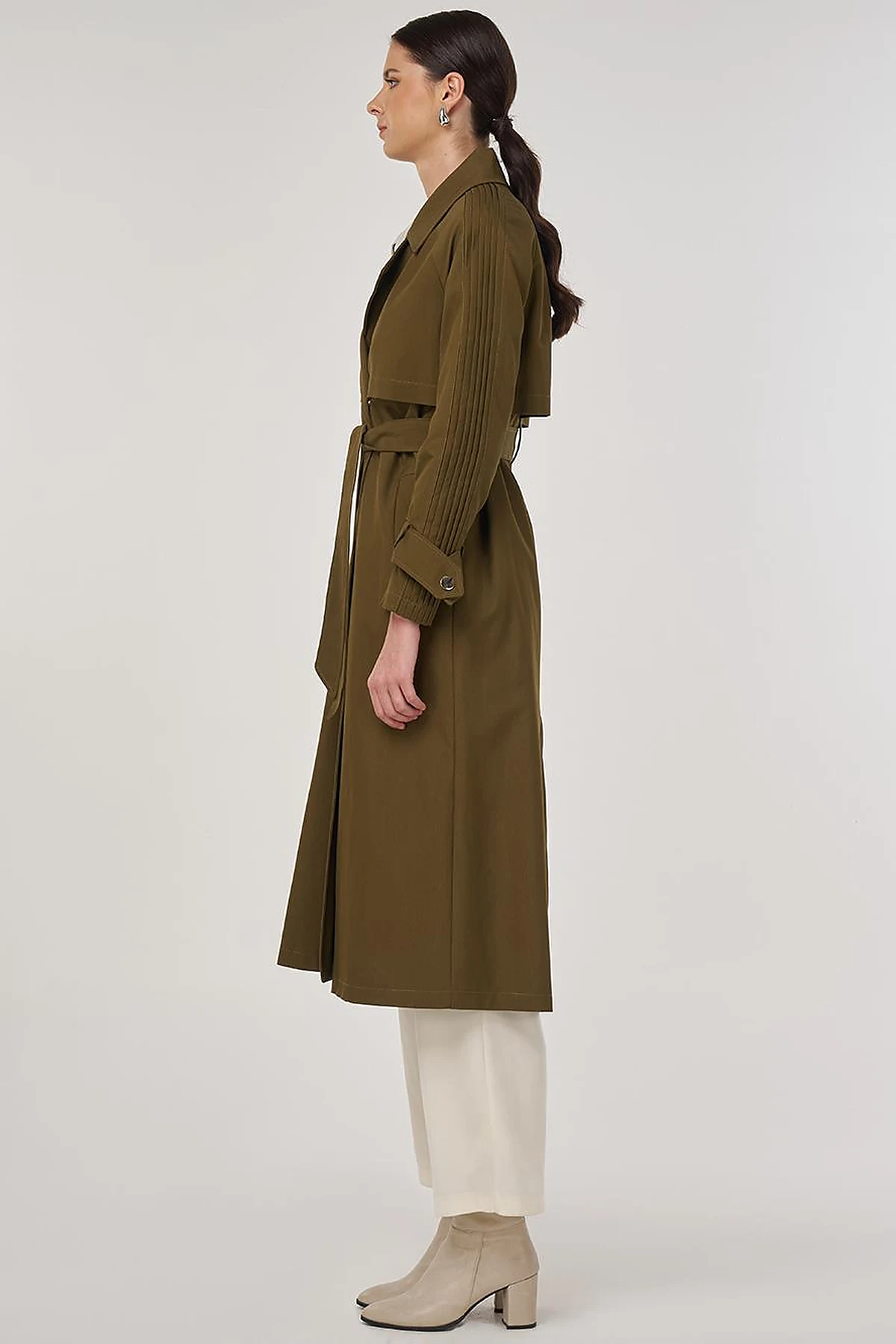 Epaulette Detailed Long Trench Coat Khaki