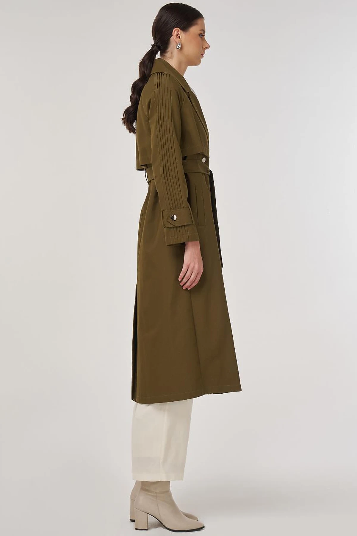 Epaulette Detailed Long Trench Coat Khaki