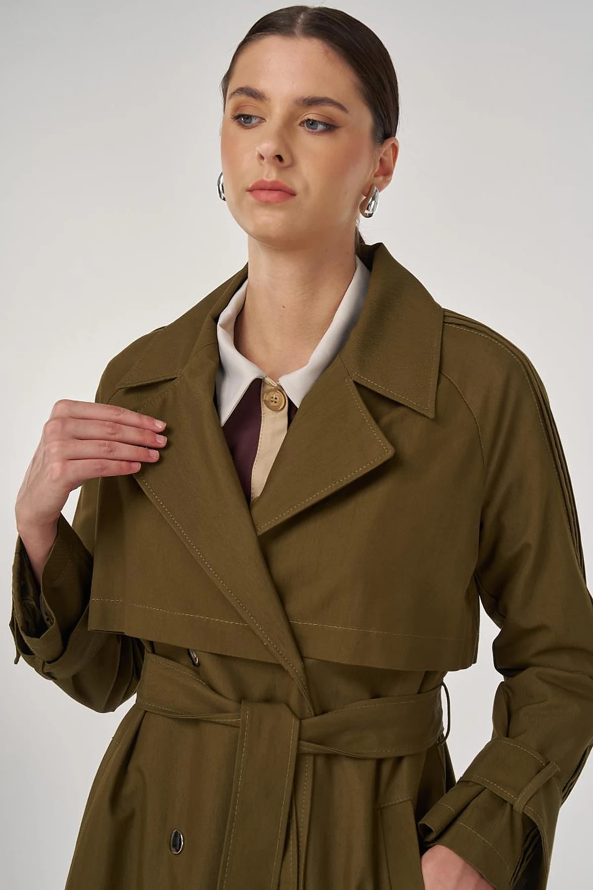 Epaulette Detailed Long Trench Coat Khaki
