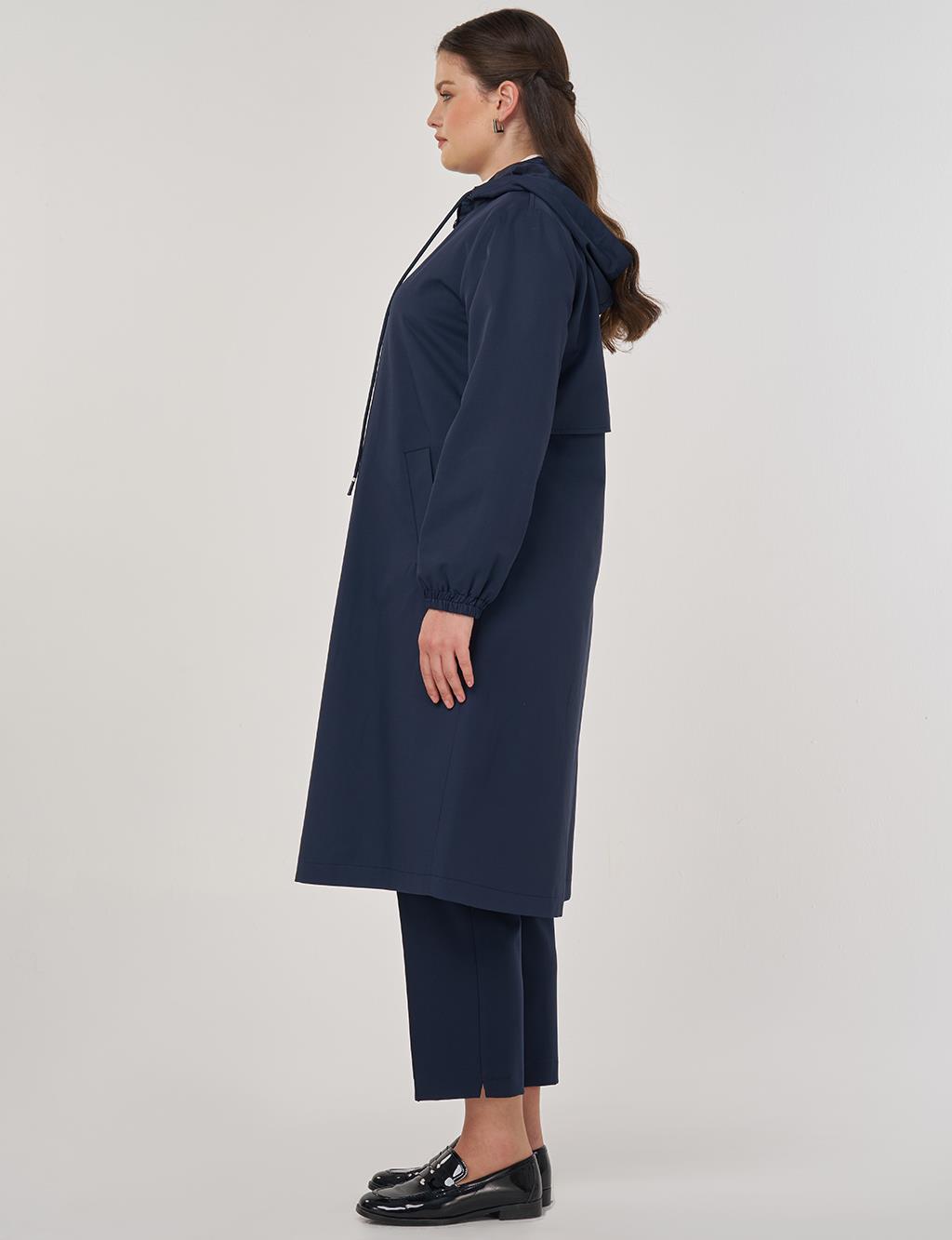 Long Hooded Trench Coat in Dark Navy