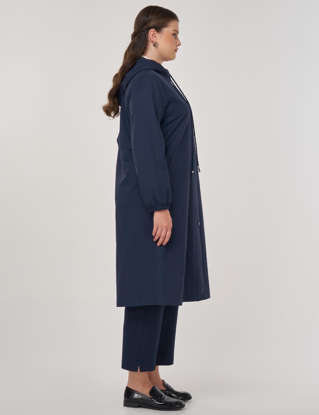 Long Hooded Trench Coat in Dark Navy