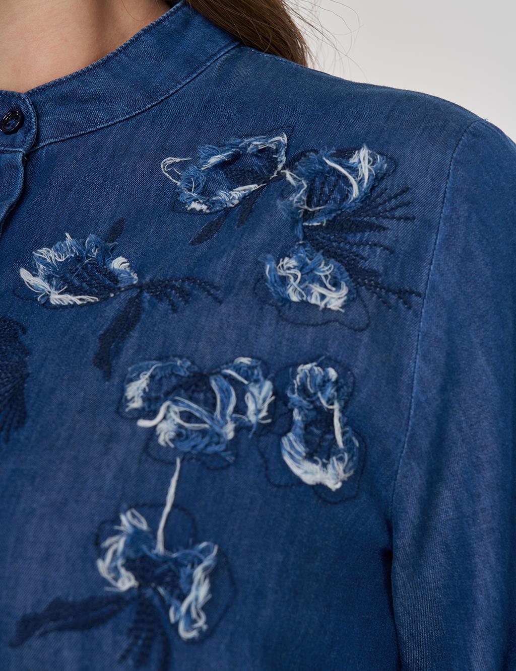 Embroidered Lyocell Tunic in Navy Blue