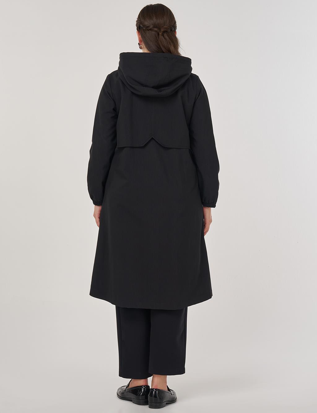 Long Hooded Trench Coat in Black