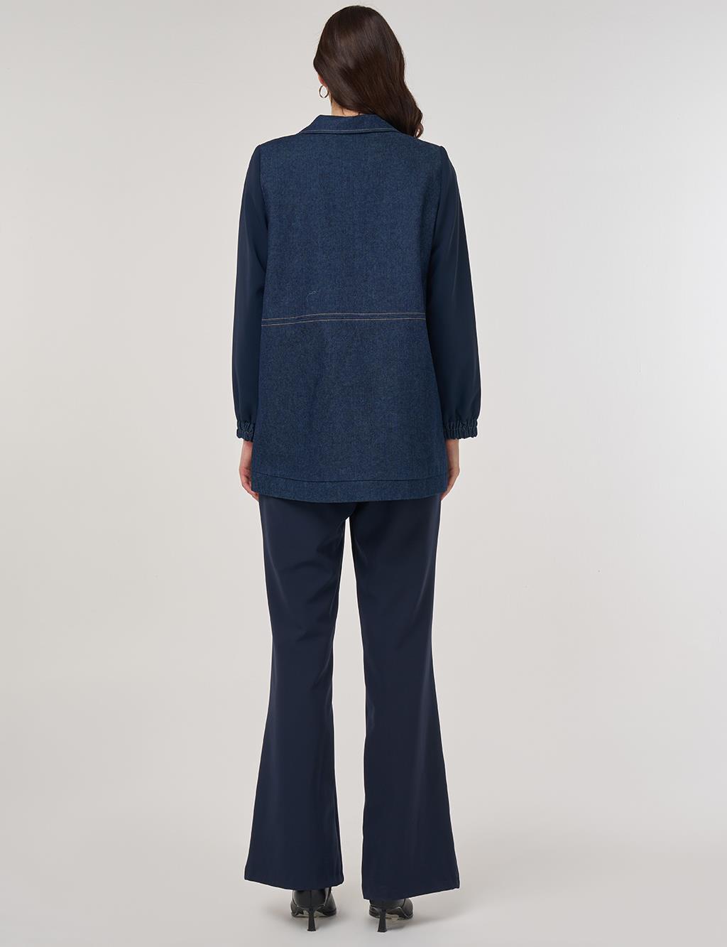 Denim Garnished Blazer in Dark Navy